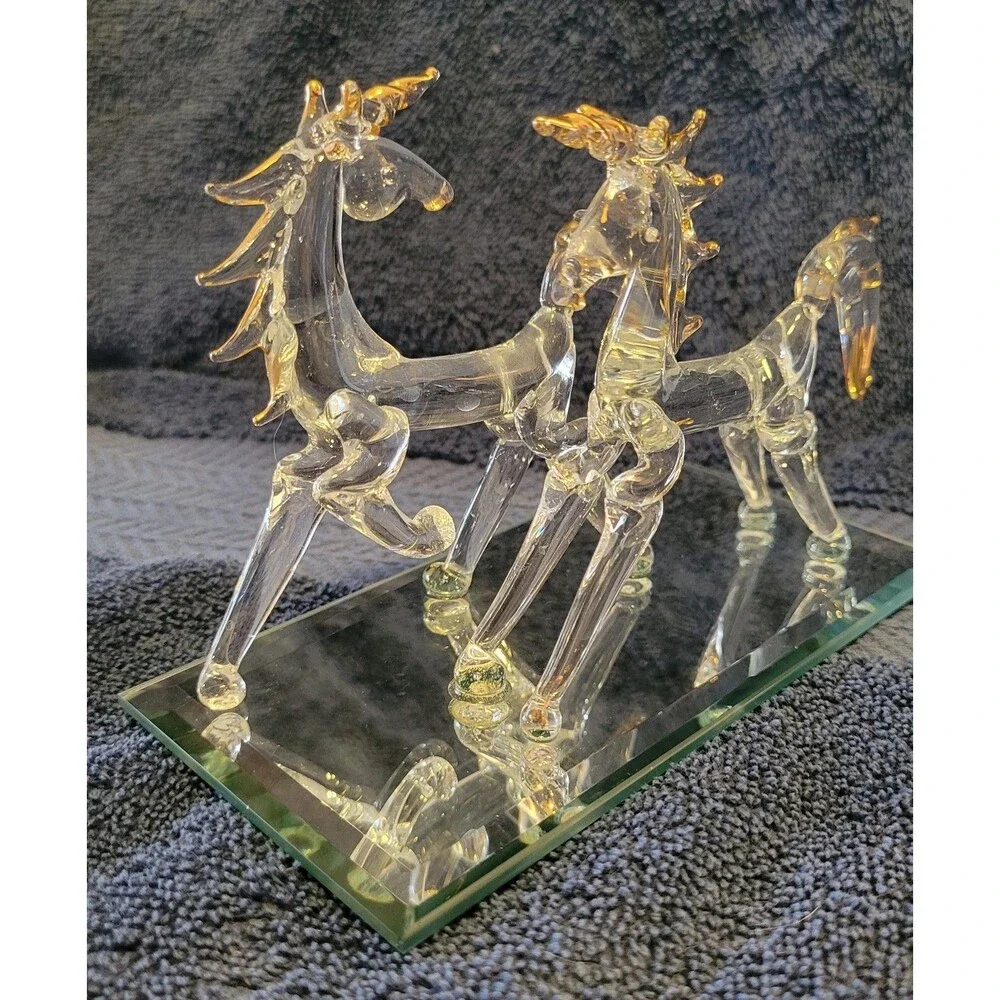 Vintage Blown Art Glass Unicorns with Gold Trim on Beveled Mirror Base - 1980's
